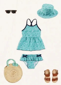 Lookbooks | Pepa London Adelaide Floral Bow Detail Two Piece Swimsuit in Green (2-10yrs) | Adelaide Floral Beach Hat in Green (S-M) | Adelaide Floral Detail Raffia Bag in Green | Leather Buckle Detail Sandals in Camel (24-34EU)