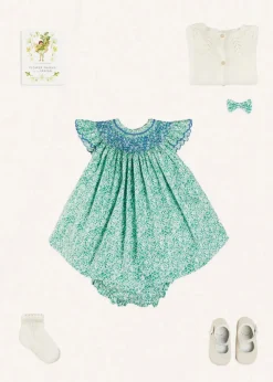 Lookbooks | Pepa London Adelaide Floral Hand Smocked Sleeveless Dress With Bloomers in Green (3mths-3yrs) | Openwork Cotton Cardigan in Cream (6mths-10yrs) | Leather Mary Jane Pram Shoes in Ivory (17-20EU) | Adelaide Floral Small Bow Hair Clip in Green | Openwork short socks White (0mths-8yrs) | Flower Fairies of the Spring Book in White