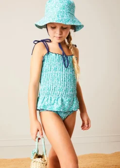 Lookbooks | Pepa London Adelaide Floral Smock Detail Swimsuit in Green (2-10yrs) | Adelaide Floral Beach Hat in Green (S-M) | Adelaide Floral Detail Raffia Bag in Green | Leather Buckle Detail Sandals in Camel (24-34EU)