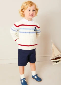 Lookbooks | Pepa London Anchor Motif Cable Detail Jumper in Beige (2-10yrs) | Button Detail Cotton Top in White (2-6yrs) | Classic Turn-up Hem Cotton Shorts in Navy (12mths-4yrs) | T-Bar Baby Shoes in Blue (20-26EU) | Cotton Short Socks Cream (0mths-10yrs)