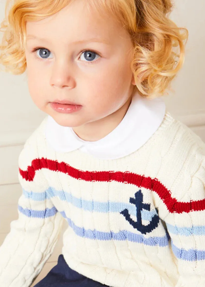Lookbooks | Pepa London Anchor Motif Cable Detail Jumper in Beige (2-10yrs) | Button Detail Cotton Top in White (2-6yrs) | Classic Turn-up Hem Cotton Shorts in Navy (12mths-4yrs) | T-Bar Baby Shoes in Blue (20-26EU) | Cotton Short Socks Cream (0mths-10yrs)