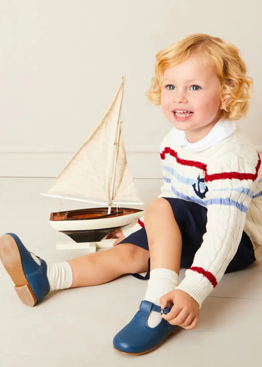 Lookbooks | Pepa London Anchor Motif Cable Detail Jumper in Beige (2-10yrs) | Button Detail Cotton Top in White (2-6yrs) | Classic Turn-up Hem Cotton Shorts in Navy (12mths-4yrs) | T-Bar Baby Shoes in Blue (20-26EU) | Cotton Short Socks Cream (0mths-10yrs)