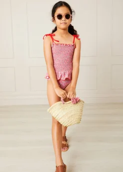 Swimwear | Swimwear | Pepa London Annie Floral Print Bow Detail Straw Bag in Pink (S-M)