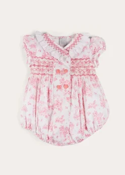 Rompers | Rompers | Pepa London Audrey Hand Smocked Double Breasted Short Sleeve Romper in Pink (6mths-2yrs)