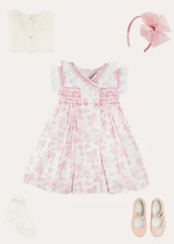 Lookbooks | Pepa London Audrey Toile Hand Smocked Double Breasted Sleeveless Dress in Pink (12mths-10yrs) | Peter Pan Collar Swing Coat in Pink (18mths-10yrs) | Openwork Cotton Cardigan in Cream (6mths-10yrs) | Leather Mary Jane Shoes in Pink (24-34EU) | Traditional Big Bow Tulle Hairband in Dusty Pink | Openwork short socks White (0mths-8yrs)