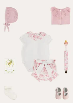 Lookbooks | Pepa London Audrey Toile Scallop Collar Short Sleeve Bodysuit in Pink (1mth-2yrs) | Audrey Toile Bow Detail Bloomers in Pink (1mth-2yrs) | Openwork Cotton Cardigan in Pink (6mths-10yrs) | Openwork Cotton Knitted Bonnet in Pink (S-L) | Mary Jane Pram Shoes in Pink (17-20EU) | Audrey Toile Dummy Clip in Pink | Openwork short socks White (0mths-8yrs)