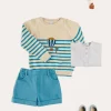 Lookbooks | Pepa London Balloon Intarsia Striped Jumper in Beige (12mths-6yrs) | Stafford Striped Mao Collar Long Sleeve Shirt in Yellow (12mths-10yrs) | Plain Elasticated Shorts in Blue (12mths-4yrs) | Canvas Plimsolls in Blue (20-35EU)