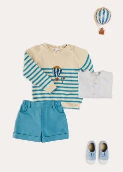 Lookbooks | Pepa London Balloon Intarsia Striped Jumper in Beige (12mths-6yrs) | Stafford Striped Mao Collar Long Sleeve Shirt in Yellow (12mths-10yrs) | Plain Elasticated Shorts in Blue (12mths-4yrs) | Canvas Plimsolls in Blue (20-35EU)