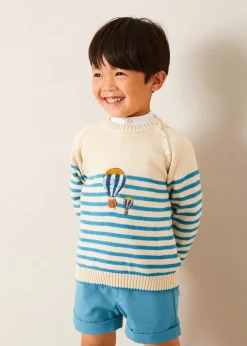 Lookbooks | Pepa London Balloon Intarsia Striped Jumper in Beige (12mths-6yrs) | Stafford Striped Mao Collar Long Sleeve Shirt in Yellow (12mths-10yrs) | Plain Elasticated Shorts in Blue (12mths-4yrs) | Canvas Plimsolls in Blue (20-35EU)