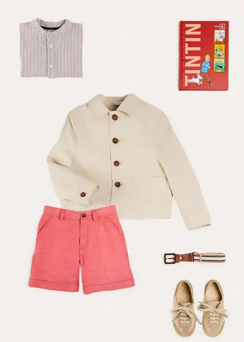 Lookbooks | Pepa London Beaufort Striped Mao Collar Long Sleeve Shirt in Blue (18mths-10yrs) | Plain Linen Shorts in Red (4-10yrs) | Lace Up Plimsolls in Taupe (24-35EU) | Beige Striped Belt | Tintin Book Set in Red