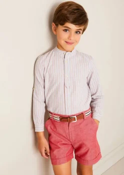 Lookbooks | Pepa London Beaufort Striped Mao Collar Long Sleeve Shirt in Blue (18mths-10yrs) | Plain Linen Shorts in Red (4-10yrs) | Lace Up Plimsolls in Taupe (24-35EU) | Beige Striped Belt | Tintin Book Set in Red