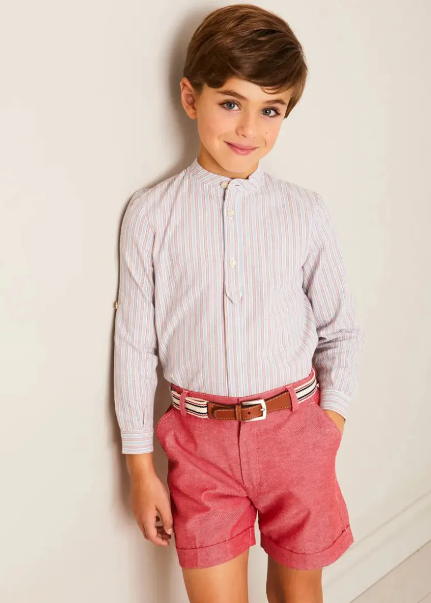 Lookbooks | Pepa London Beaufort Striped Mao Collar Long Sleeve Shirt in Blue (18mths-10yrs) | Plain Linen Shorts in Red (4-10yrs) | Lace Up Plimsolls in Taupe (24-35EU) | Beige Striped Belt | Tintin Book Set in Red