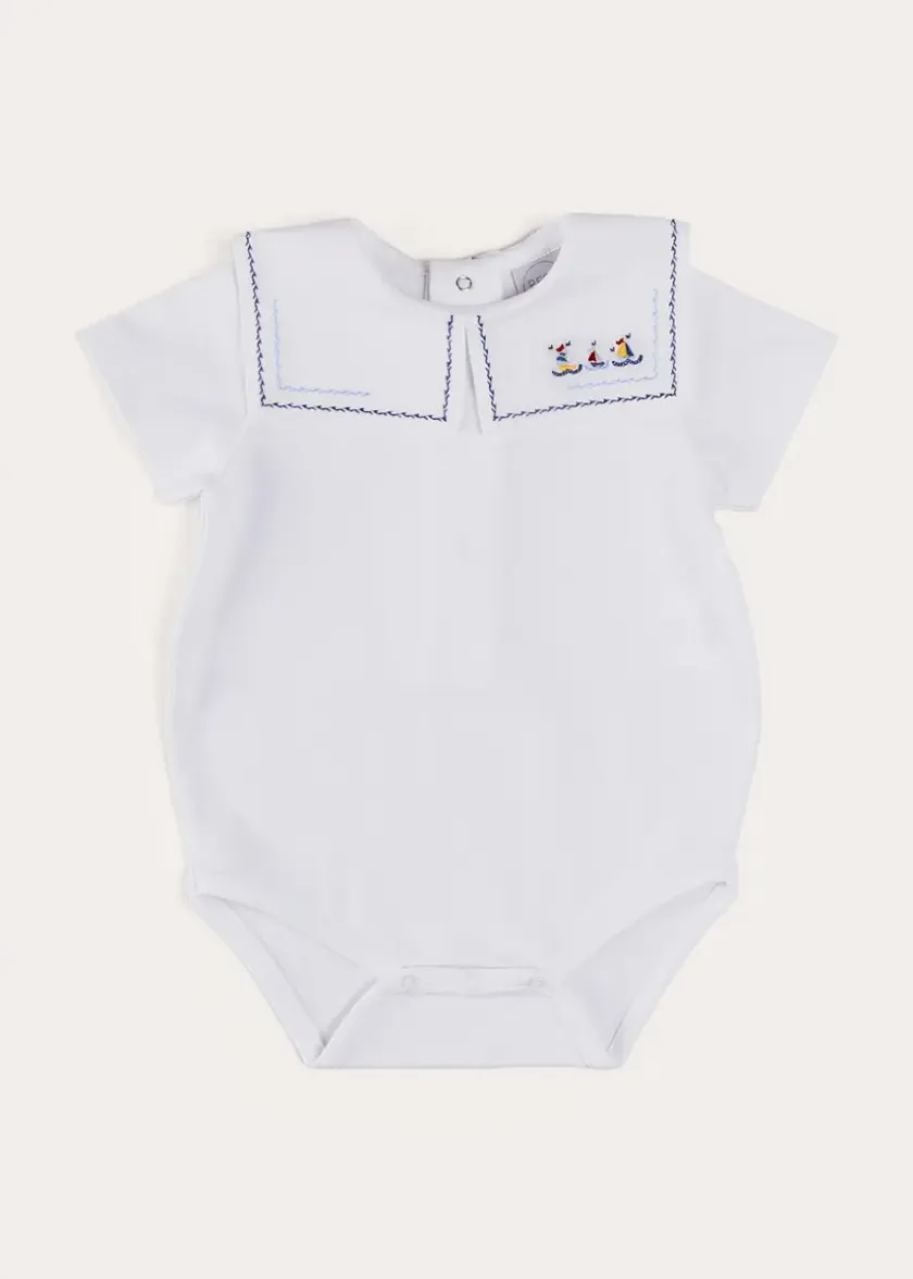 Bodysuits & Baby Grows | Pepa London Boat Embroidery Statement Collar Short Sleeve Bodysuit in White (3mths-2yrs)