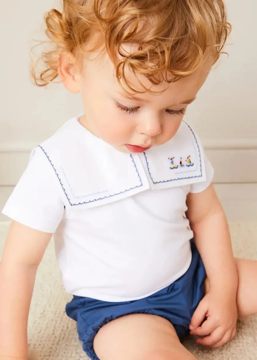 Bodysuits & Baby Grows | Pepa London Boat Embroidery Statement Collar Short Sleeve Bodysuit in White (3mths-2yrs)