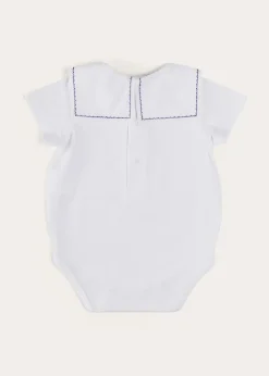 Bodysuits & Baby Grows | Pepa London Boat Embroidery Statement Collar Short Sleeve Bodysuit in White (3mths-2yrs)