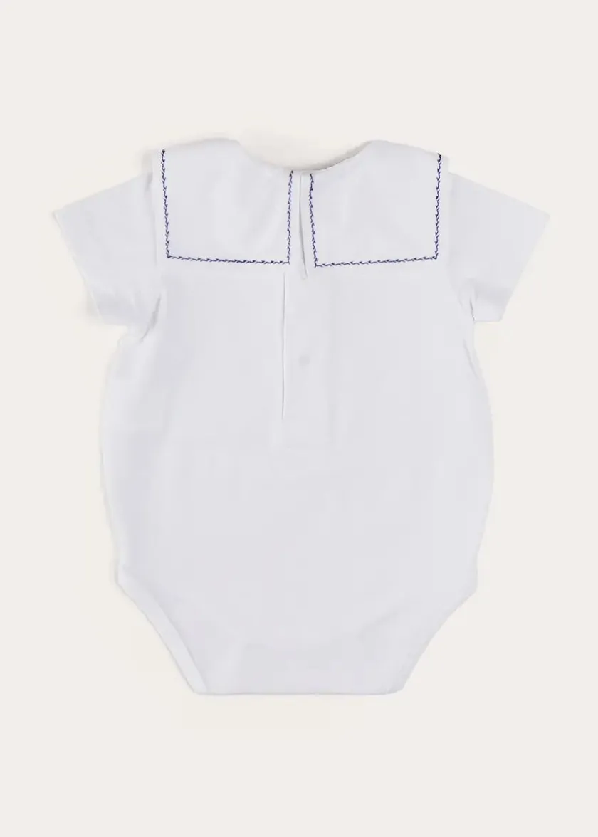 Bodysuits & Baby Grows | Pepa London Boat Embroidery Statement Collar Short Sleeve Bodysuit in White (3mths-2yrs)