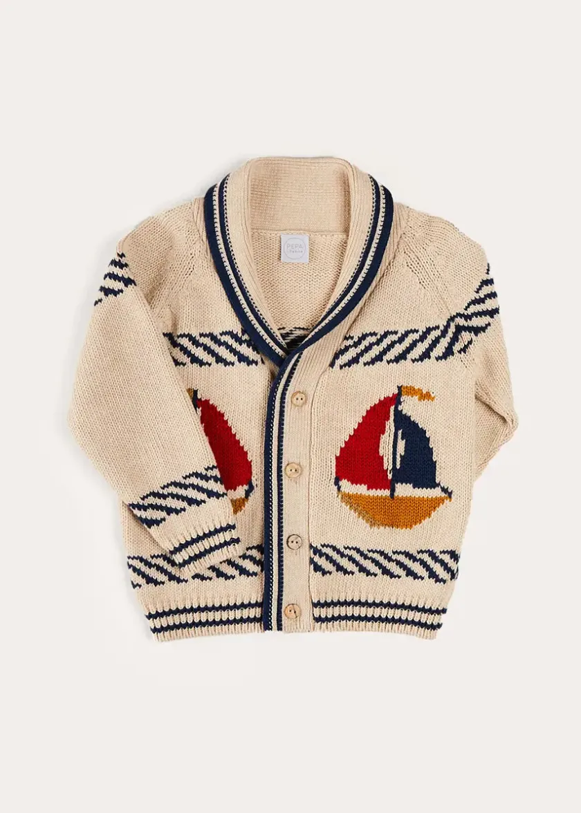 Knitwear & Cardigans | Pepa London Boat Motif Shawl Neck Nautical Cardigan in Beige (2-10yrs)