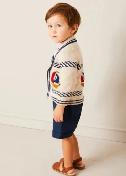 Lookbooks | Pepa London Boat Motif Shawl Neck Nautical Cardigan in Beige (2-10yrs) | Lawrence Striped Mao Collar Long Sleeve Shirt in Red (18mths-10yrs) | Classic Turn-up Hem Cotton Shorts in Navy (12mths-4yrs) | Open Toe Leather Sandals in Brown (17-30EU)