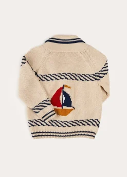 Knitwear & Cardigans | Pepa London Boat Motif Shawl Neck Nautical Cardigan in Beige (2-10yrs)