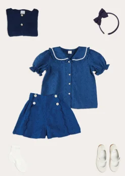 Lookbooks | Pepa London Broderie Anglaise Statement Collar Short Sleeve Blouse in Blue (4-12yrs) | Broderie Anglais Button Detail Shorts in Blue (4-12yrs) | Plain Cardigan in Navy (6mths-10yrs) | Openwork short socks White (0mths-8yrs) | Navy Linen Big Bow Hairband