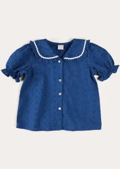 Up To 12 Years | Tops & Blouses | Pepa London Broderie Anglaise Statement Collar Short Sleeve Blouse in Blue (4-12yrs)