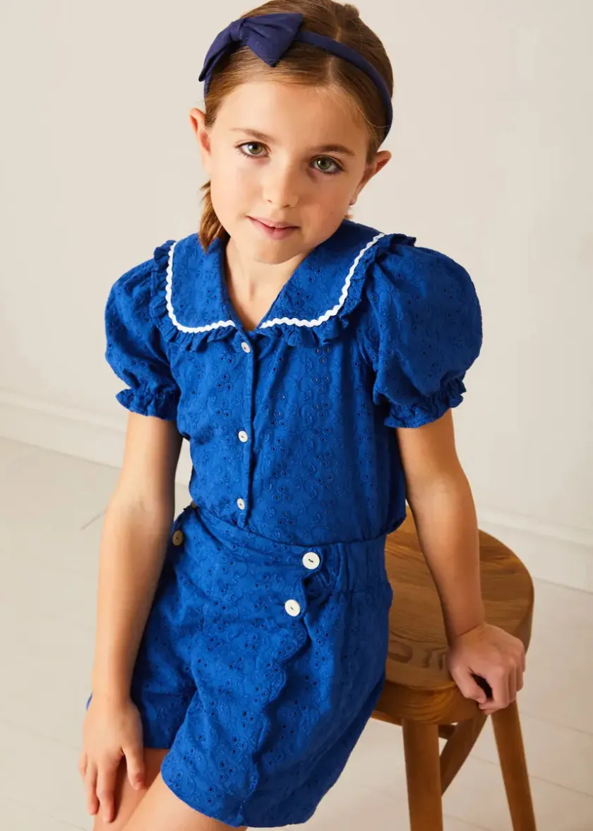 Up To 12 Years | Tops & Blouses | Pepa London Broderie Anglaise Statement Collar Short Sleeve Blouse in Blue (4-12yrs)