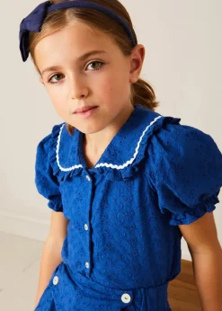 Up To 12 Years | Tops & Blouses | Pepa London Broderie Anglaise Statement Collar Short Sleeve Blouse in Blue (4-12yrs)