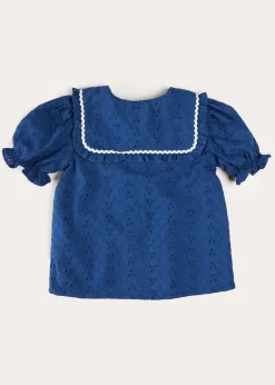 Up To 12 Years | Tops & Blouses | Pepa London Broderie Anglaise Statement Collar Short Sleeve Blouse in Blue (4-12yrs)
