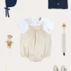 Lookbooks | Pepa London Brompton Stripe Romper in Beige (3mths-2yrs) | Openwork Knitted Bonnet in Navy (S-L) | Plain Cardigan in Navy (6mths-10yrs) | Peter Pan Collar Bodysuit in White (0mths-3yrs) | T-Bar Leather Pram Shoes in Ivory (17-20EU) | Ribbed Short Socks in Beige (0mths-10yrs) | Waterford Striped Dummy Clip in Beige