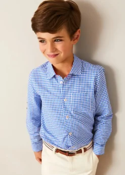 Tops & Shirts | Pepa London Carlisle Gingham Polo Collar Long Sleeve Shirt in Blue (4-10yrs)