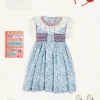 Lookbooks | Pepa London Charlotte Floral Hand Smocked Sleeveless Dress in Blue (12mths-10yrs) | Openwork Cotton Cardigan in Cream (6mths-10yrs) | Girls Ivory Leather Mary Jane Shoes (20-34EU) | Plain Linen Hairband in Red | Openwork short socks White (0mths-8yrs)