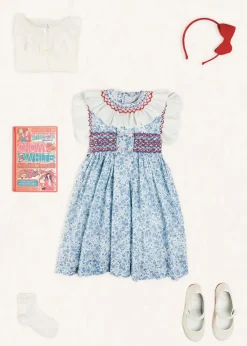 Lookbooks | Pepa London Charlotte Floral Hand Smocked Sleeveless Dress in Blue (12mths-10yrs) | Openwork Cotton Cardigan in Cream (6mths-10yrs) | Girls Ivory Leather Mary Jane Shoes (20-34EU) | Plain Linen Hairband in Red | Openwork short socks White (0mths-8yrs)