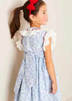 Lookbooks | Pepa London Charlotte Floral Hand Smocked Sleeveless Dress in Blue (12mths-10yrs) | Openwork Cotton Cardigan in Cream (6mths-10yrs) | Girls Ivory Leather Mary Jane Shoes (20-34EU) | Plain Linen Hairband in Red | Openwork short socks White (0mths-8yrs)
