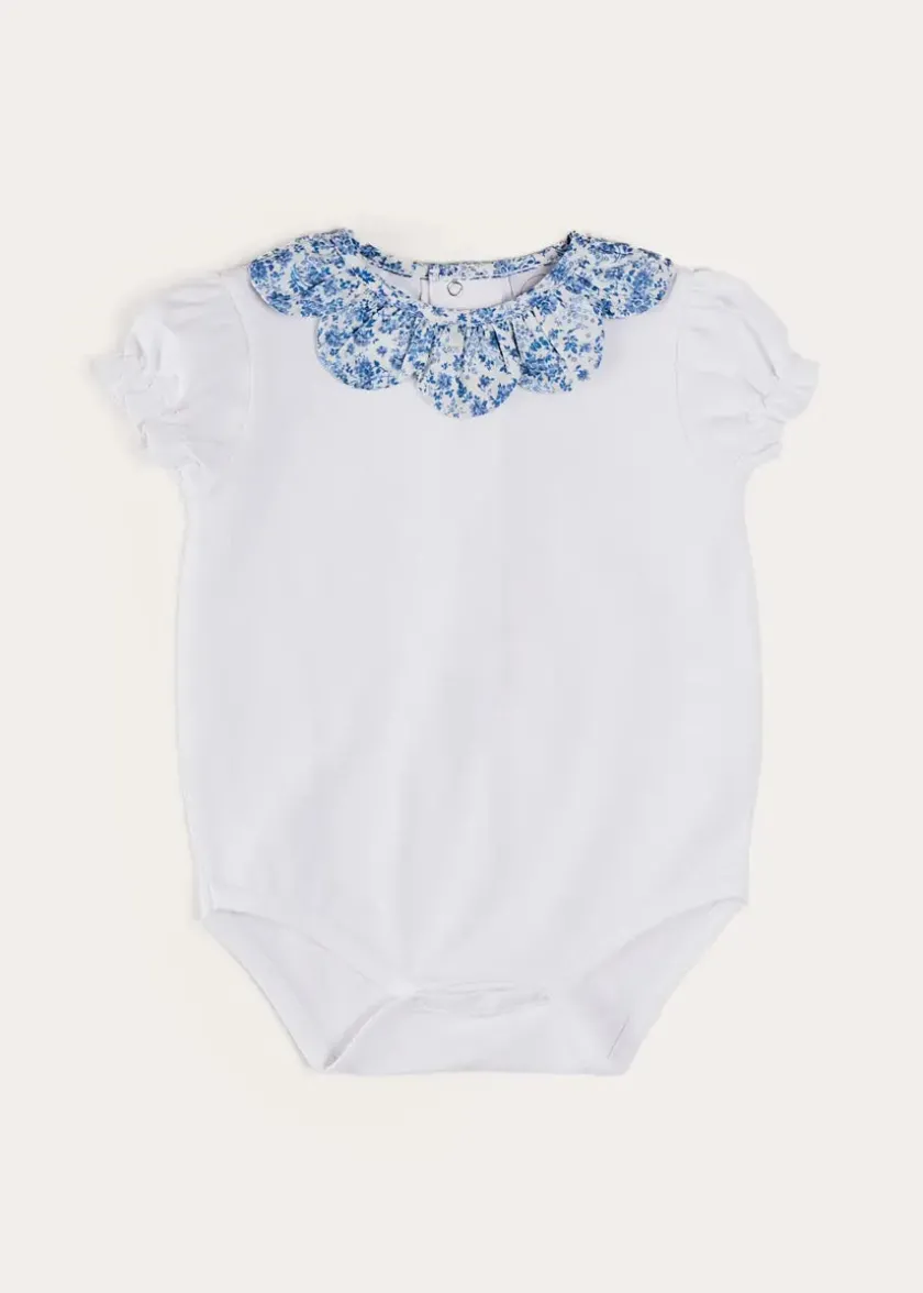Bodysuits & Baby Grows | Pepa London Charlotte Floral Scallop Collar Short Sleeve Bodysuit in Blue (1mth-2yrs)