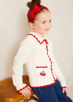 Lookbooks | Pepa London Cherry Motif Crochet Cardigan in Beige (2-10yrs) | Soft Denim Wide Leg Trousers in Denim Blue (3-10yrs) | Evelyn Floral Ruffle Collar Top in Red (2-10yrs) | Plain Linen Hairband in Red | Openwork short socks White (0mths-8yrs)