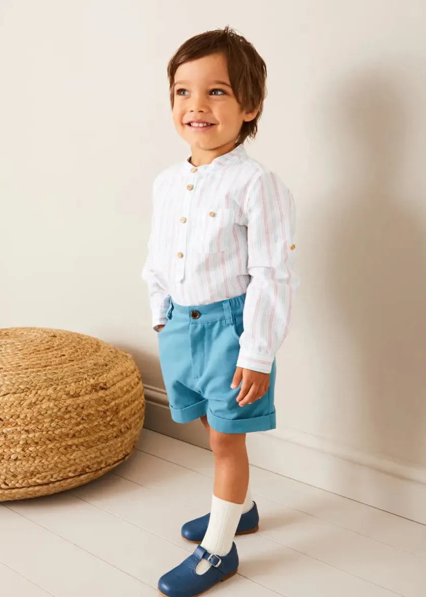 Tops & Shirts | Shirts | Pepa London Chesham Striped Mao Collar Long Sleeve Shirt in Red (3-10yrs)