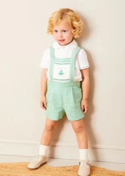 Lookbooks | Pepa London Cheyne Striped Boat Embroidery Dungarees in Green (18mths-4yrs) | Peter Pan Collar Trim Detail Short Sleeve Shirt in White (12mths-5yrs) | Plain Cardigan in Cream (6mths-10yrs) | T-Bar Suede Baby Shoes in Beige (20-24EU) | Ribbed Short Socks in Beige (0mths-10yrs)
