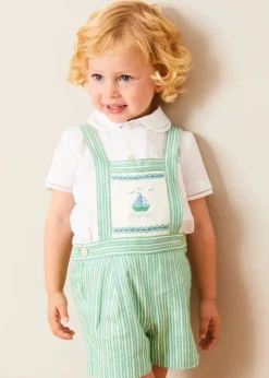 Lookbooks | Pepa London Cheyne Striped Boat Embroidery Dungarees in Green (18mths-4yrs) | Peter Pan Collar Trim Detail Short Sleeve Shirt in White (12mths-5yrs) | Plain Cardigan in Cream (6mths-10yrs) | T-Bar Suede Baby Shoes in Beige (20-24EU) | Ribbed Short Socks in Beige (0mths-10yrs)