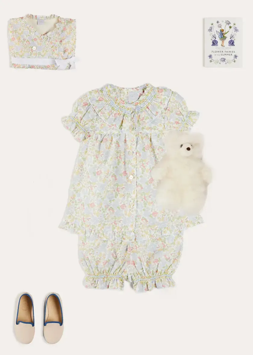 Lookbooks | Pepa London Clara Floral Ruffle Collar Short Sleeve Pyjamas in Green (18mths-10yrs) | Clara Floral Bow Detail Dressing Gown in Green (18mths-10yrs) | Linen Slippers With Contrast Piping in Cream (24-35EU) | White Teddy Bear (100% Alpaca Fur) | Flower Fairies of the Summer Book in White