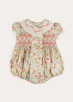 Rompers | Rompers | Pepa London Clementine Floral Hand Smocked Double Breasted Short Sleeve Romper in Coral (6mths-3yrs)
