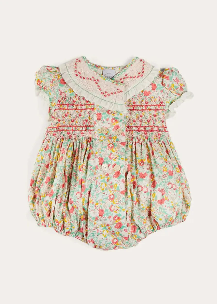 Rompers | Rompers | Pepa London Clementine Floral Hand Smocked Double Breasted Short Sleeve Romper in Coral (6mths-3yrs)