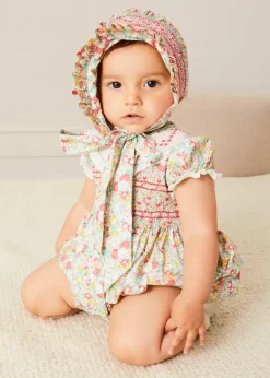 Rompers | Rompers | Pepa London Clementine Floral Hand Smocked Double Breasted Short Sleeve Romper in Coral (6mths-3yrs)