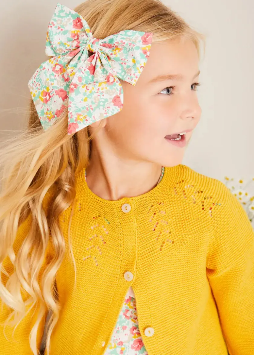 Lookbooks | Pepa London Clementine Floral Hand Smocked Double Breasted Short Sleeve Dress in Coral (12mths-10yrs) | Mary Jane Leather Baby Shoes in Ivory (20-24EU) | Clementine Floral Long Bow Hair Clip in Coral | Openwork short socks White (0mths-8yrs)