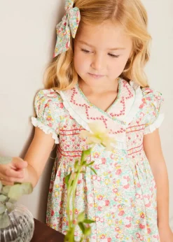 Lookbooks | Pepa London Clementine Floral Hand Smocked Double Breasted Short Sleeve Dress in Coral (12mths-10yrs) | Mary Jane Leather Baby Shoes in Ivory (20-24EU) | Clementine Floral Long Bow Hair Clip in Coral | Openwork short socks White (0mths-8yrs)