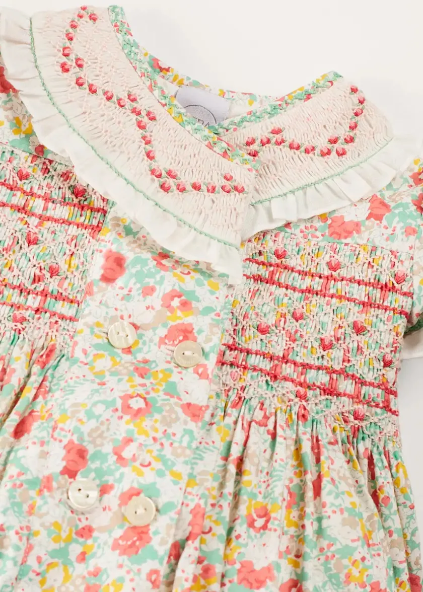 Rompers | Rompers | Pepa London Clementine Floral Hand Smocked Double Breasted Short Sleeve Romper in Coral (6mths-3yrs)