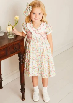 Dresses | Dresses | Pepa London Clementine Floral Hand Smocked Double Breasted Short Sleeve Dress in Coral (12mths-10yrs)