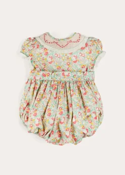 Rompers | Rompers | Pepa London Clementine Floral Hand Smocked Double Breasted Short Sleeve Romper in Coral (6mths-3yrs)