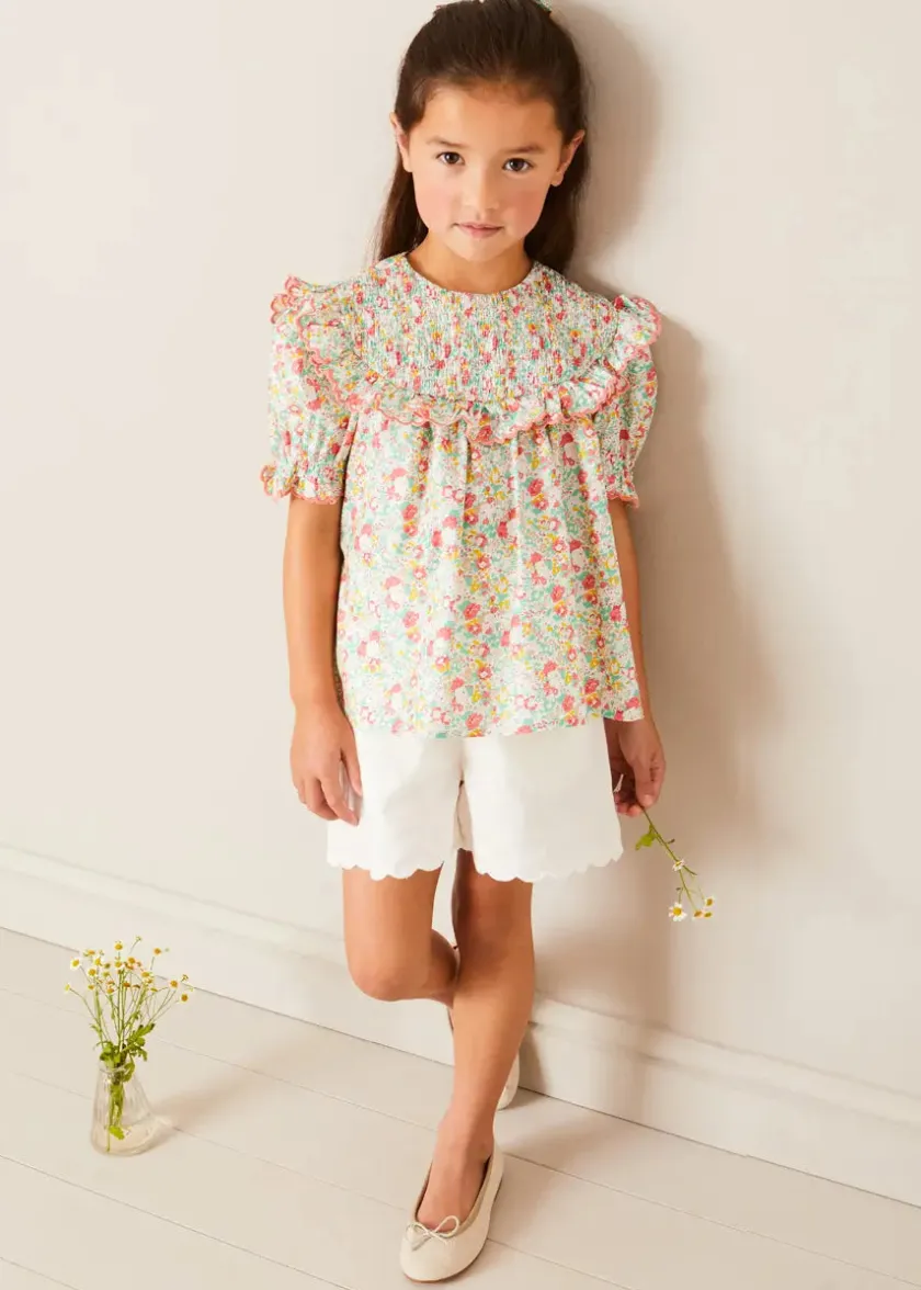 Tops & Blouses | Up To 12 Years | Pepa London Clementine Floral Smock Detail Short Sleeve Blouse in Coral (2-12yrs)
