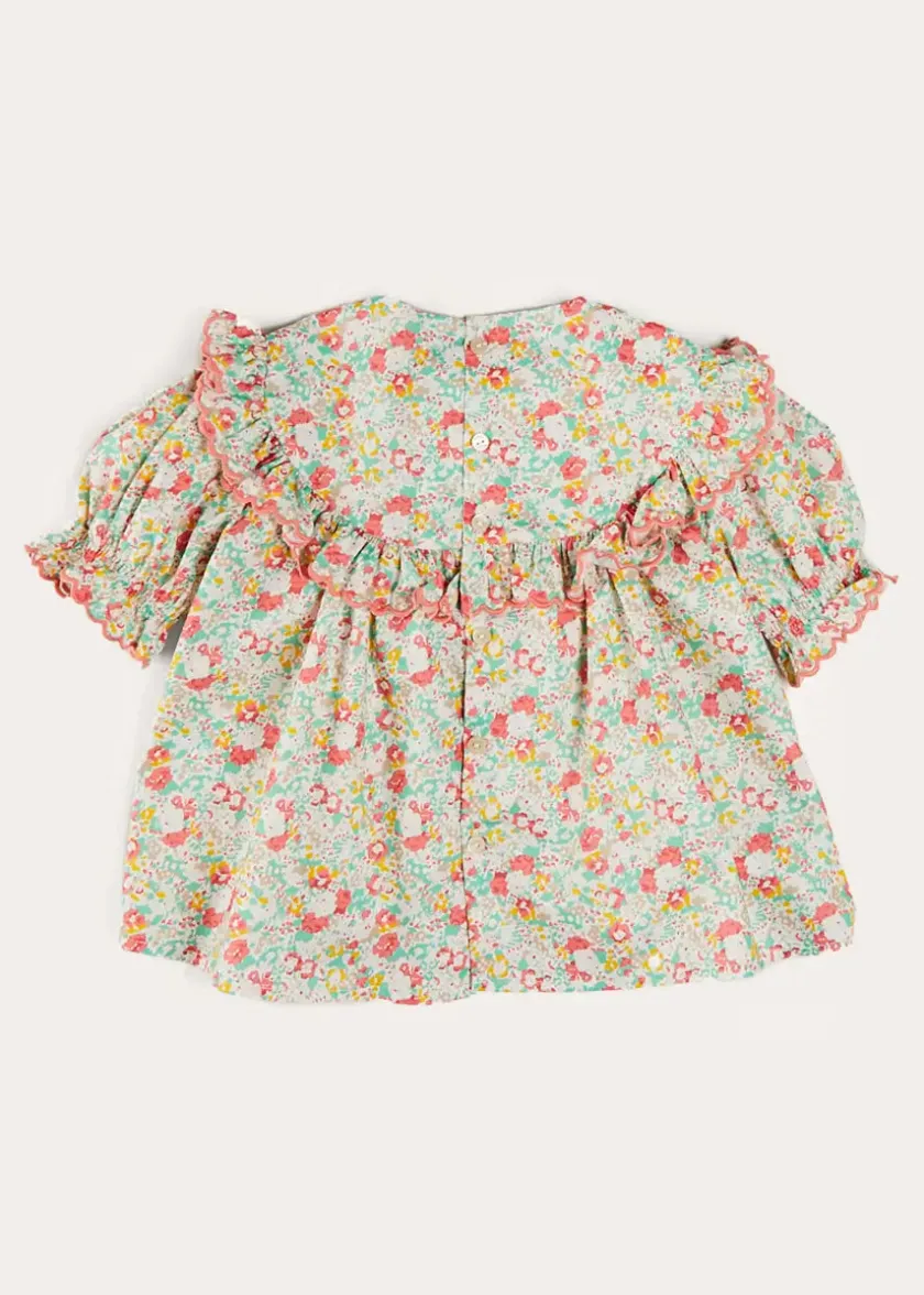 Tops & Blouses | Up To 12 Years | Pepa London Clementine Floral Smock Detail Short Sleeve Blouse in Coral (2-12yrs)