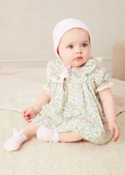 Lookbooks | Pepa London Cordelia Floral Ruffle Collar Short Sleeve Dress in Green Made with Liberty Fabric (1-12m) | Openwork Detail Baby Cardigan in Pink (1-12mths) | Lace Detail Knitted Bonnet in Pink (1-12mths) | Lace Detail Knitted Booties in Pink | Cordelia Liberty Floral Dummy Clip in Pink | Openwork short socks White (0mths-8yrs) | BIBS Dummy in Pink